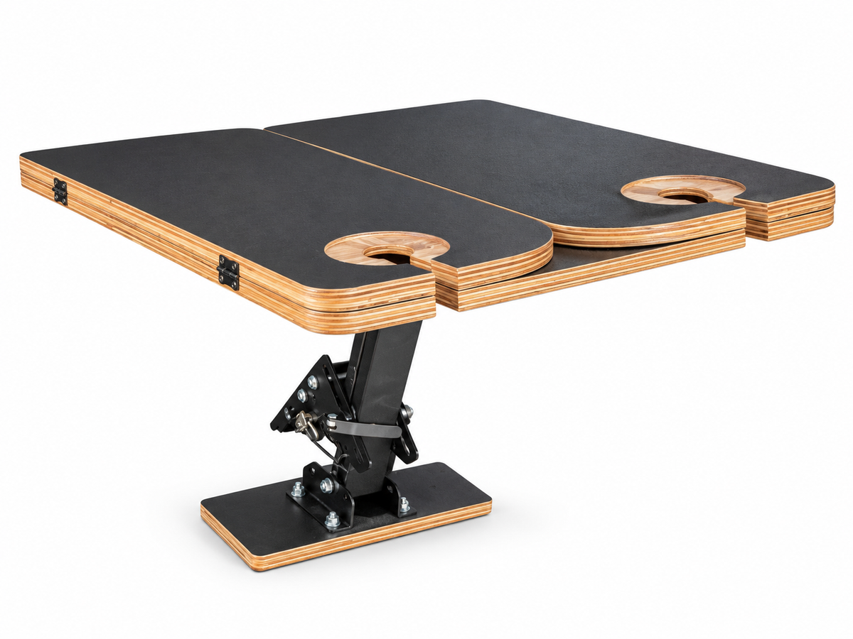 Wooden Foldable Bootlid Camping Table + Carry Bag kit isolated studio product photograph